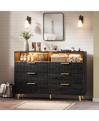 gaomon 6 Drawer Dresser with Led Lights and Charging Station, Fluted Wood Design, Handles, Open Shelf Storage for Any Room.