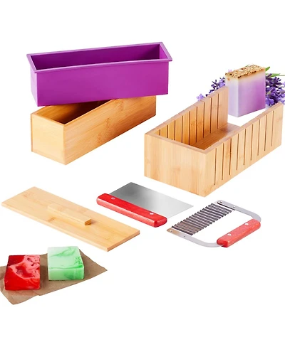 Yobtop Soap Making Kit Bamboo Cutting Box with Silicone Mold, Stainless Steel Straight and Wavy Cutters, 100 Bags and 105 Stickers Diy Supplies