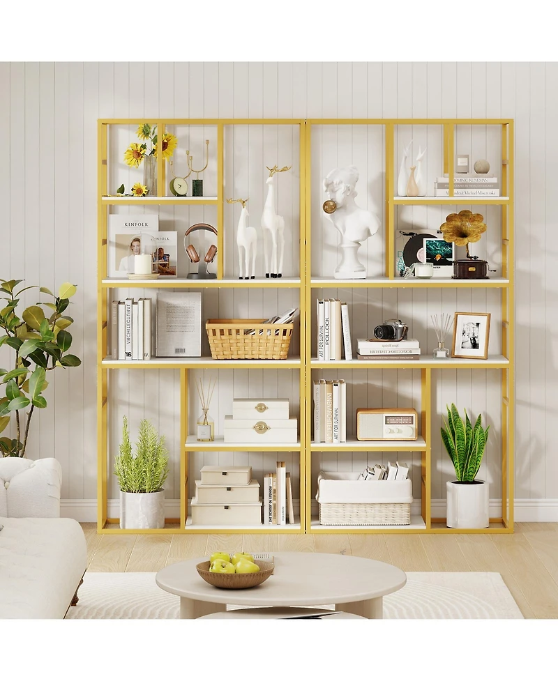 Gymax 2 Piece 71 Inch 5 Tier Tall Bookshelf with Open Storage Shelves Metal Frame for Bedroom