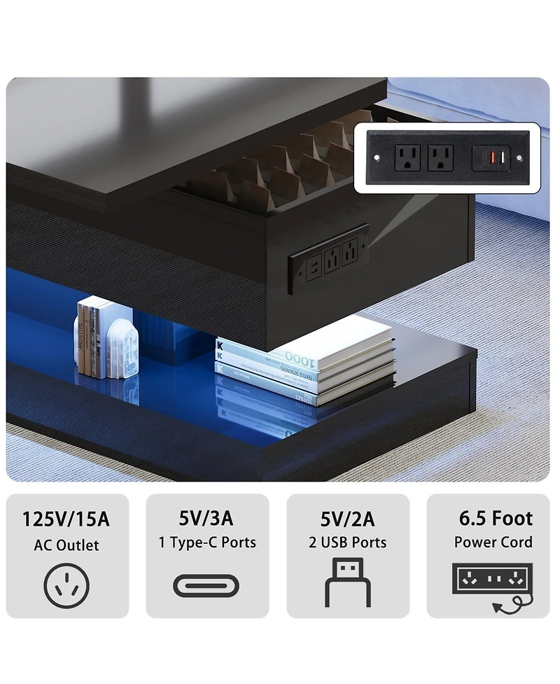 homfan 47.2 Inch Large Lift Top Coffee Table Modern High Glossy Led Storage with App Control for Living Room Dining Home Office