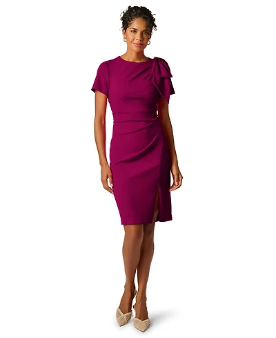 Adrianna Papell Petite Crewneck Pleated Bow Midi Dress