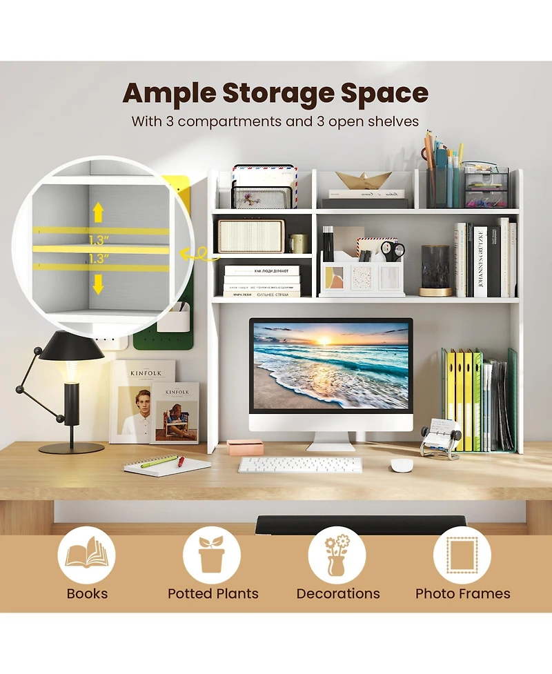 Gymax 37'' Desktop Bookshelf Wooden Organizer w/6 Shelves 2 Anti-tipping Devices