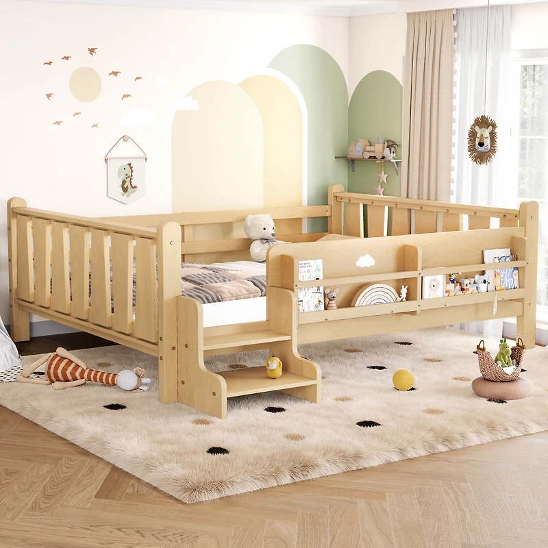 Streamdale Furniture Full Size Floor Bed with Storage Bookcases, Stairs, and Guardrails
