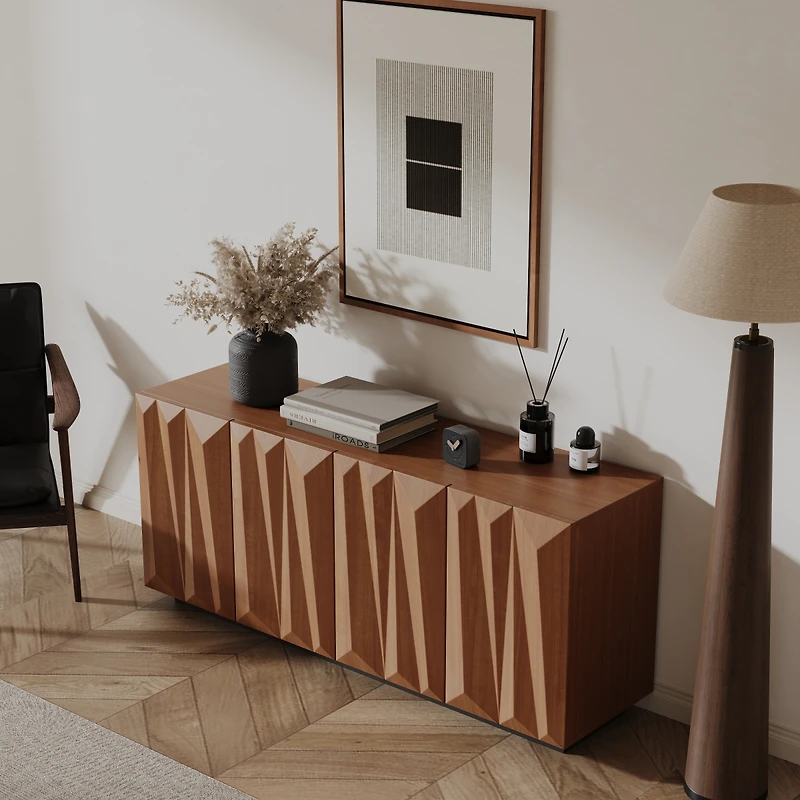 Streamdale Furniture Mid-Century 4-Door Sideboard Buffet Cabinet with 3D Doors, Walnut