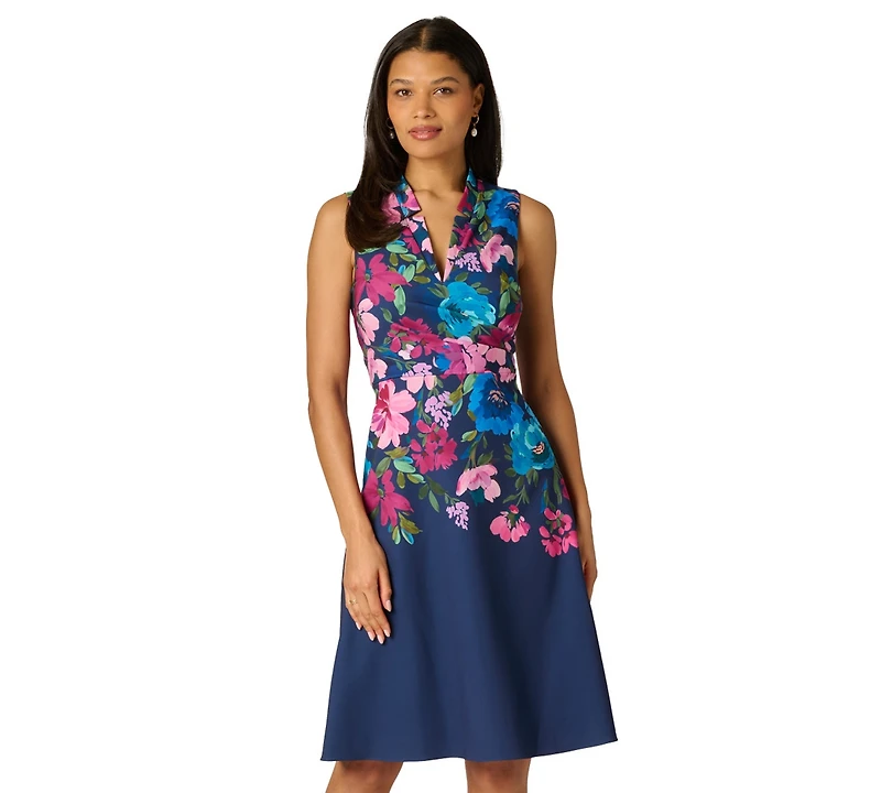 Adrianna Papell Petite Border Floral V-Neck Midi Dress