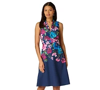 Adrianna Papell Petite Border Floral V-Neck Midi Dress