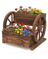 Sugift 2-Tier Raised Garden Bed Rustic Wood Wagon Shape With Drainage Holes And Wheels