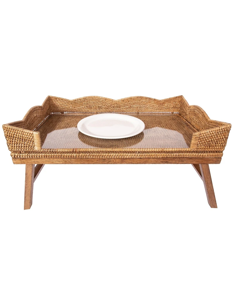 Artifacts Trading Company Rattan Scallop Design Breakfast Tray with Wooden Legs & Glass Insert