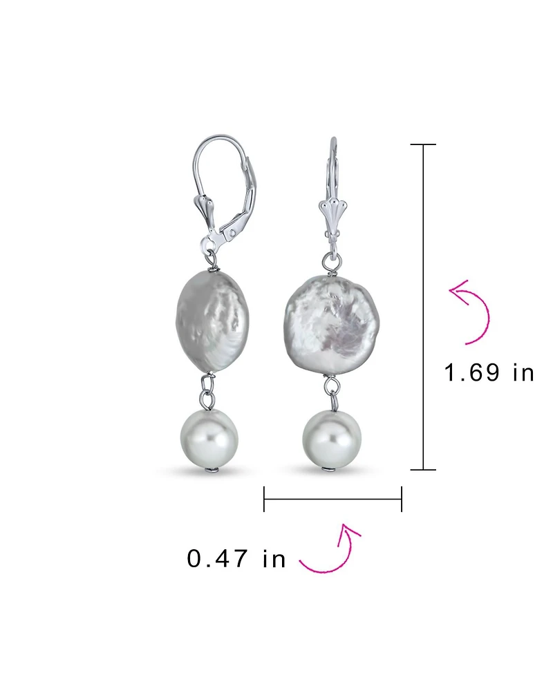 Bling Jewelry Cultured Coin Biwa Pearl Leverback Dangle Earrings .925 Sterling Silver