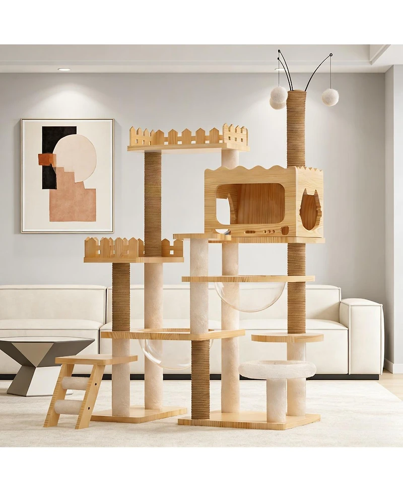 6thdruple Tall Cat Tree Tower, Wood Cat Condo with Sisal Posts, Top Perch, Acrylic Hammock for Cats