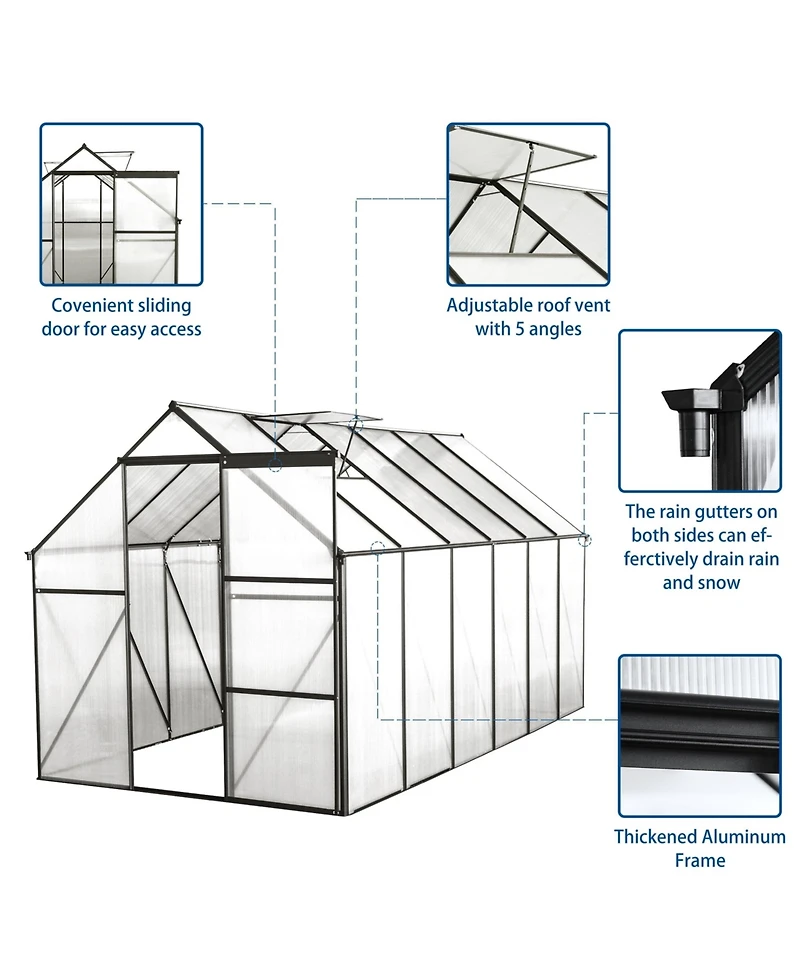 Flynama 72x144 Inch Polycarbonate Walk-In Greenhouse with Aluminum Frame and Uv Protection