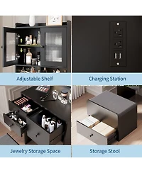 gaomon Compact 3-in-1 Vanity Desk with Mirror and Led Lights - Modern Makeup Table Drawers, Storage Compartment, Rolling Chair