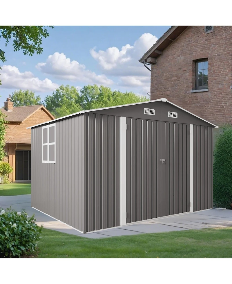 Mondawe 10 x 8 Feet Outdoor Metal Storage Shed with Double Door, Window and Vent, Lockable Garden Tool Shed