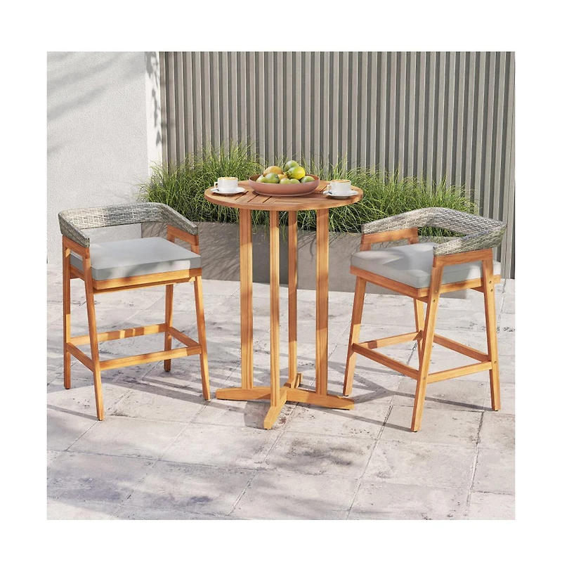 Boyel Living Set of 2 Patio Acacia Wood Counter Height Bar Stools with Cushions and Pe Wicker Backrests Footrests