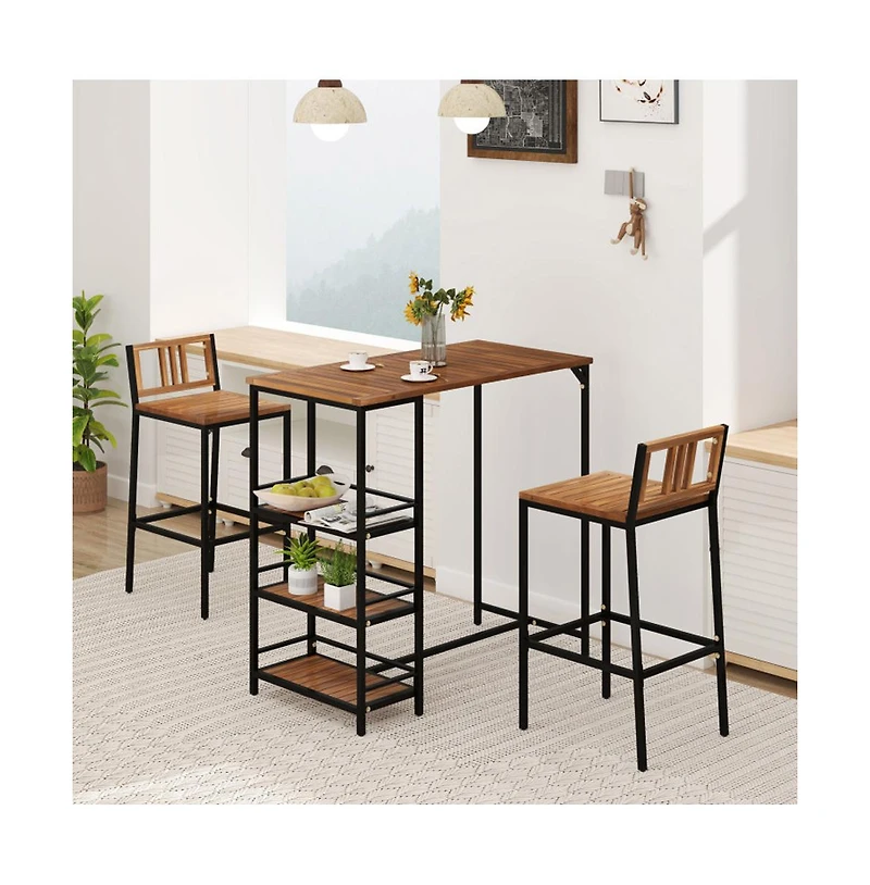 Boyel Living 3 Pieces Outdoor Wood Bar Set with 3-Tier Storage Shelf and Metal Frame