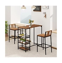 Boyel Living 3 Pieces Outdoor Wood Bar Set with 3-Tier Storage Shelf and Metal Frame