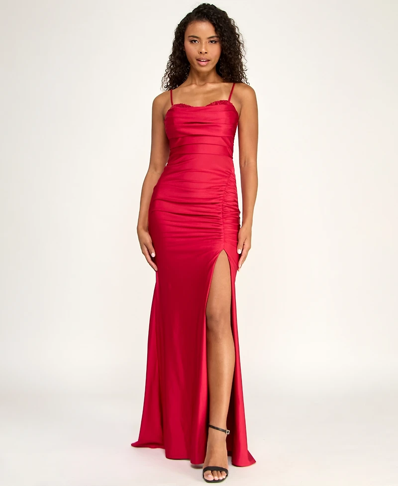 City Studios Juniors' Lace Inset Ruched Gown