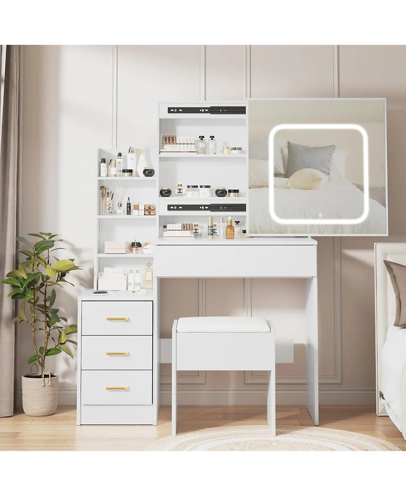 gaomon Vanity Desk with Sliding Led Mirror, Power Outlet, 4 Drawers