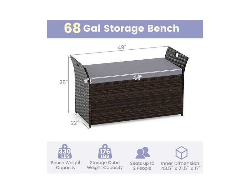 Lucky One Outdoor Storage Bench with Pe Rattan Wicker Cushion and Side Handles
