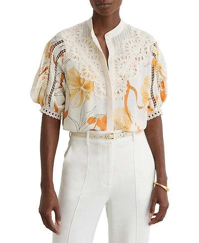 Reiss Women's Floral-Print Lace-Trim Shirt