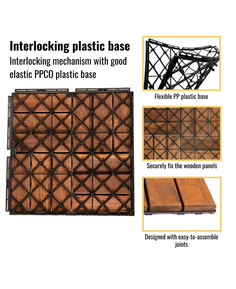 Mondawe 12-inch x 12-inch Acacia Wood Checker Pattern Interlocking Deck Tiles