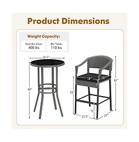 Boyel Living 3-Piece Patio Rattan Bar Set with Tempered Glass Top for Backyard Poolside