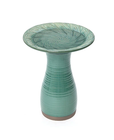 LuxenHome Aqua Green Ceramic Birdbath with Peacock Feather Design Basin, 20.47" Outdoor Garden Accent