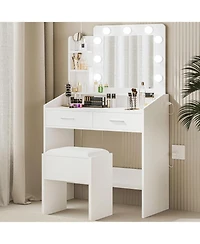 gaomon Modern Vanity Desk with Large Led Mirror, Power Outlet, 7 Drawers, 3 Light Modes & Cushioned Stool