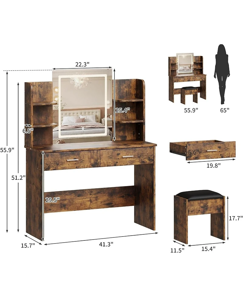 gaomon Makeup Vanity Desk with Smart Led Mirror & Charging Station, 6 Shelves, 2 Drawers & Soft Stool