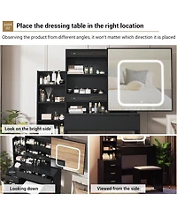 gaomon Makeup Vanity Desk with Sliding Led Mirror, Power Outlet, 4 Drawers, Shelves & Cushioned Stool