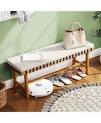 Gymax 2 Pieces 48'' Long Acacia Wood Outdoor Bench Thick Padded Seat Cushion Entryway