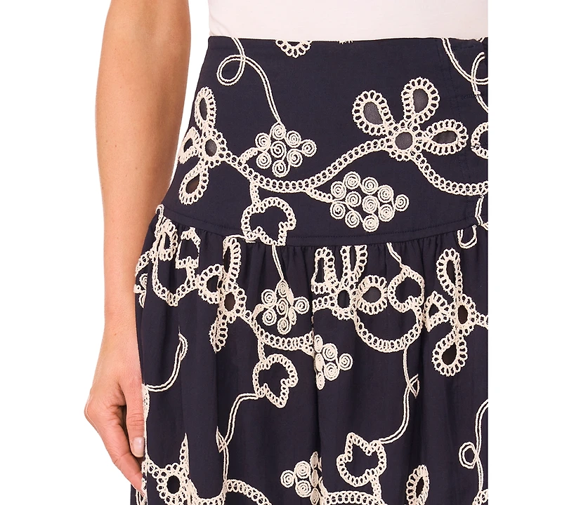 CeCe Women's Eyelet Embroidered Wide Yoke Midi Skirt