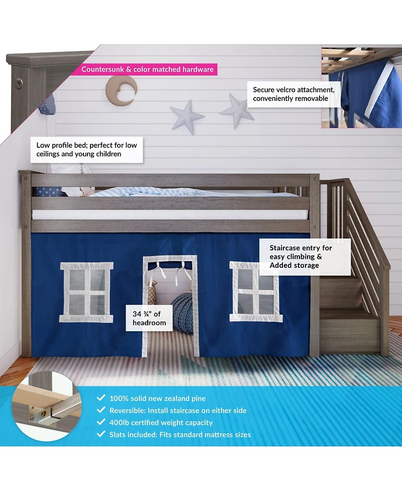 Max & Lily Twin Low Loft with Stairs and Curtains