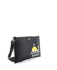 Pre-Owned Prada Convertible Zip Clutch Crossbody Bag Printed Saffiano Leather