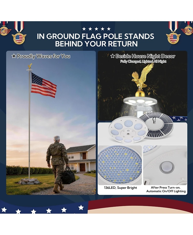 Yescom Bravery 20ft 13 Gauge Sectional Flag Pole Kit with Solar Powered Light Us Flag Gold Eagle Topper