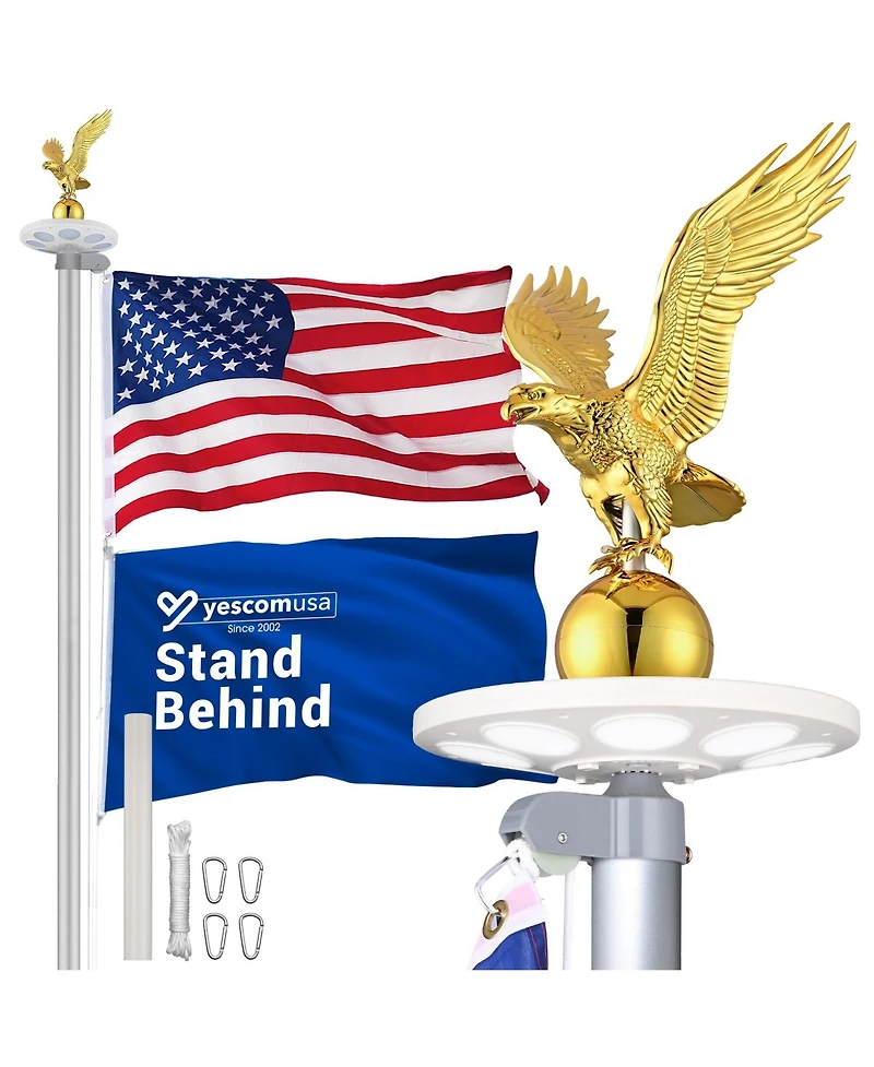 Yescom Bravery 20ft 13 Gauge Sectional Flag Pole Kit with Solar Powered Light Us Flag Gold Eagle Topper