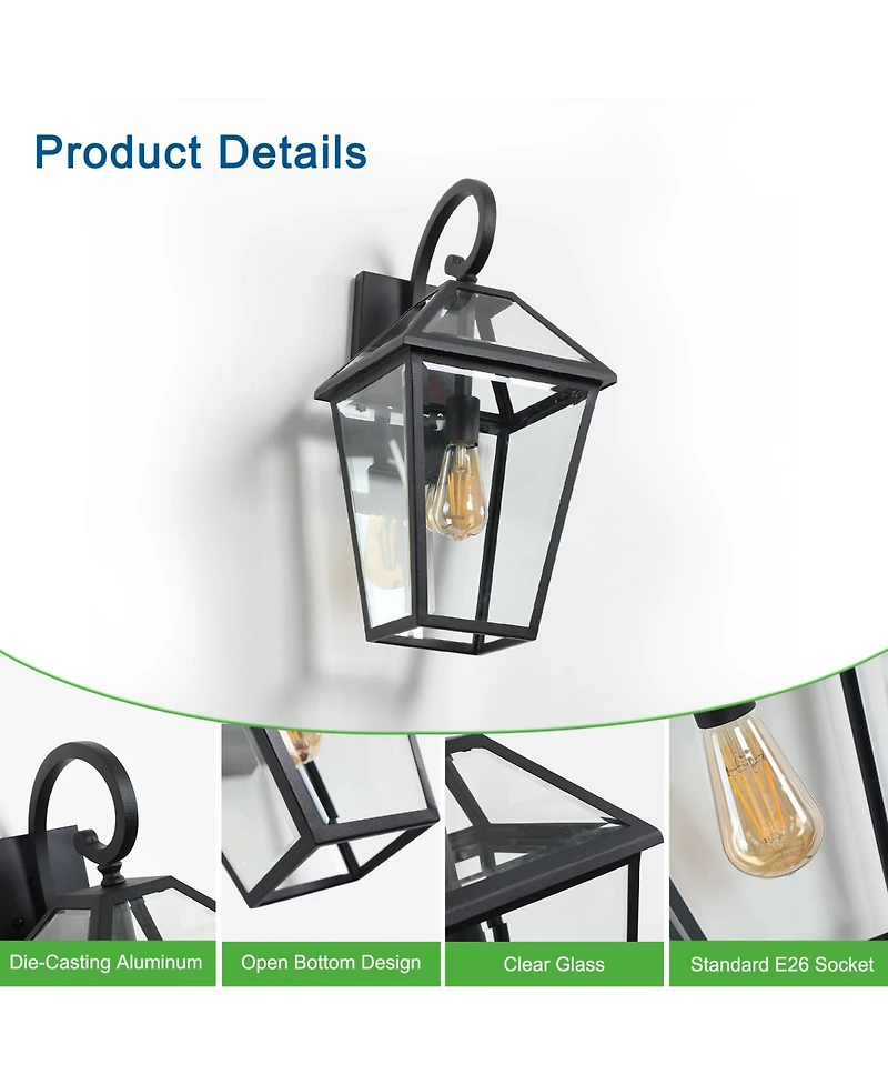Clihome 2 Pieces Outdoor Wall Lantern Light, Modern Metal and Clear Glass Sconce (Bulb Not Included)