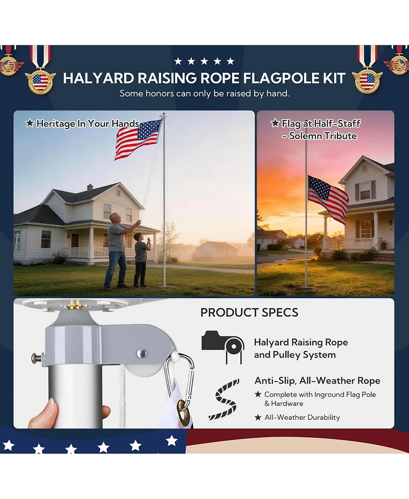 Yescom Bravery 20ft 13 Gauge Sectional Flag Pole with Solar Light Outside House