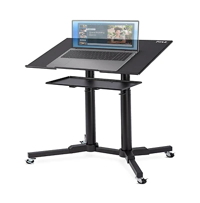 Pyle Adjustable Mobile Lectern Podium Stand with Led Light - Rolling Presentation Desk with Shelves and Locking Wheels