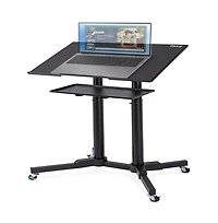 Pyle Adjustable Mobile Lectern Podium Stand with Led Light - Rolling Presentation Desk with Shelves and Locking Wheels