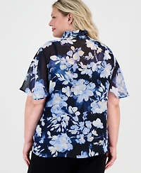 Anne Klein Plus Pleated-Placket Flutter-Sleeve Blouse