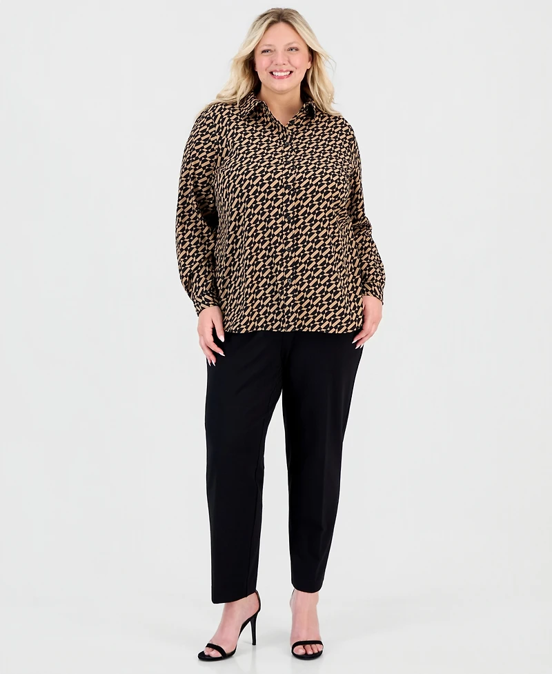 Anne Klein Essentials Plus Geometric-Print Long-Sleeve Shirt