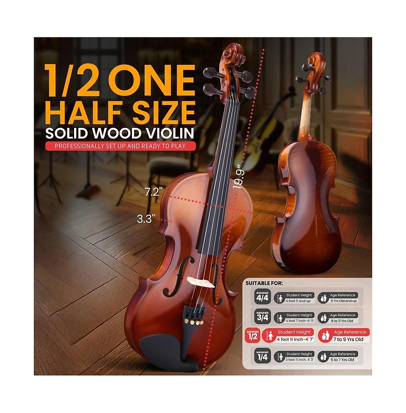 Pyle 1/2 Size Beginner Violin Starter Kit, Violin Starter Package with Travel Case & Bow, Extra Strings, Digital Tuner, Shoulder Rest