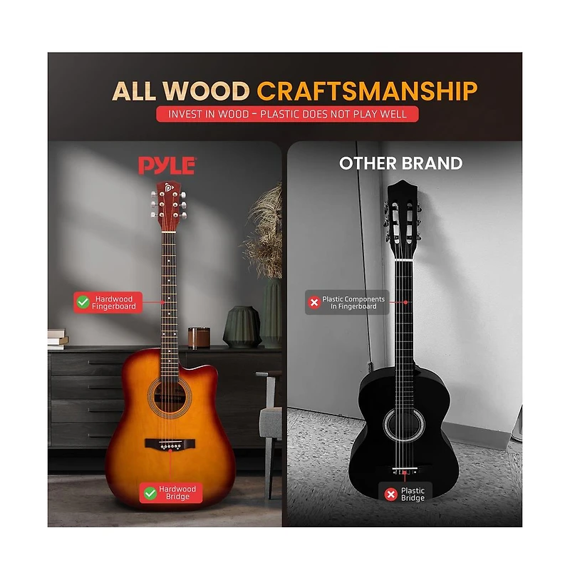 Pyle 41 inch Full-Size Acoustic Guitar Kit, Cutaway Body with Digital Tuner and Accessory Kit