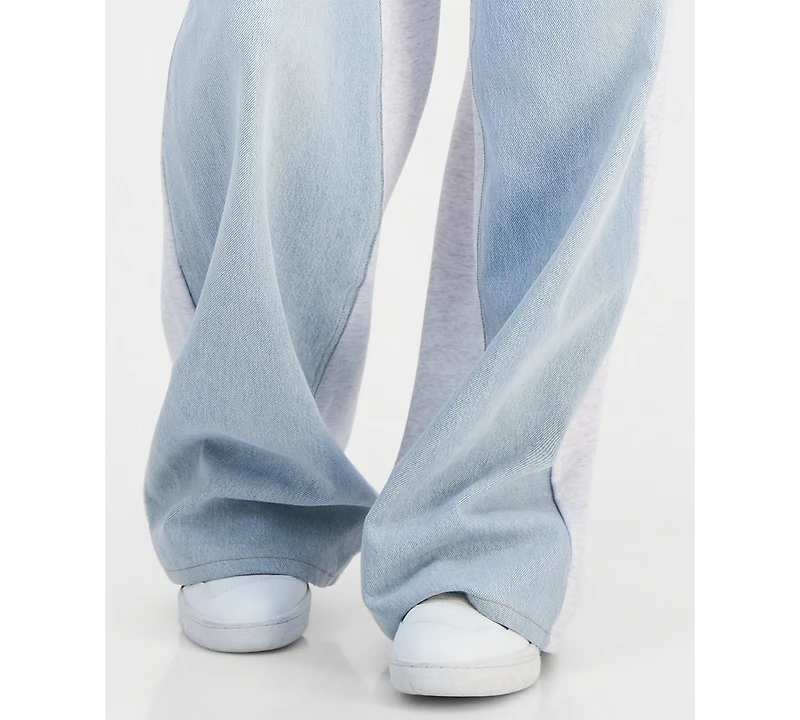 Madden Girl Juniors' Mixed-Media Wide-Leg Sweatpant Jeans