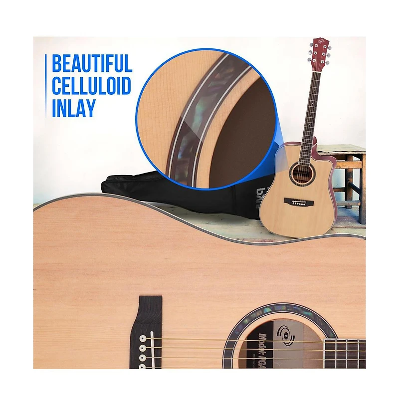 Pyle 41" Acoustic Guitar Kit with Cutaway Body, Accessory Pack - Natural Finish, PGA480NT