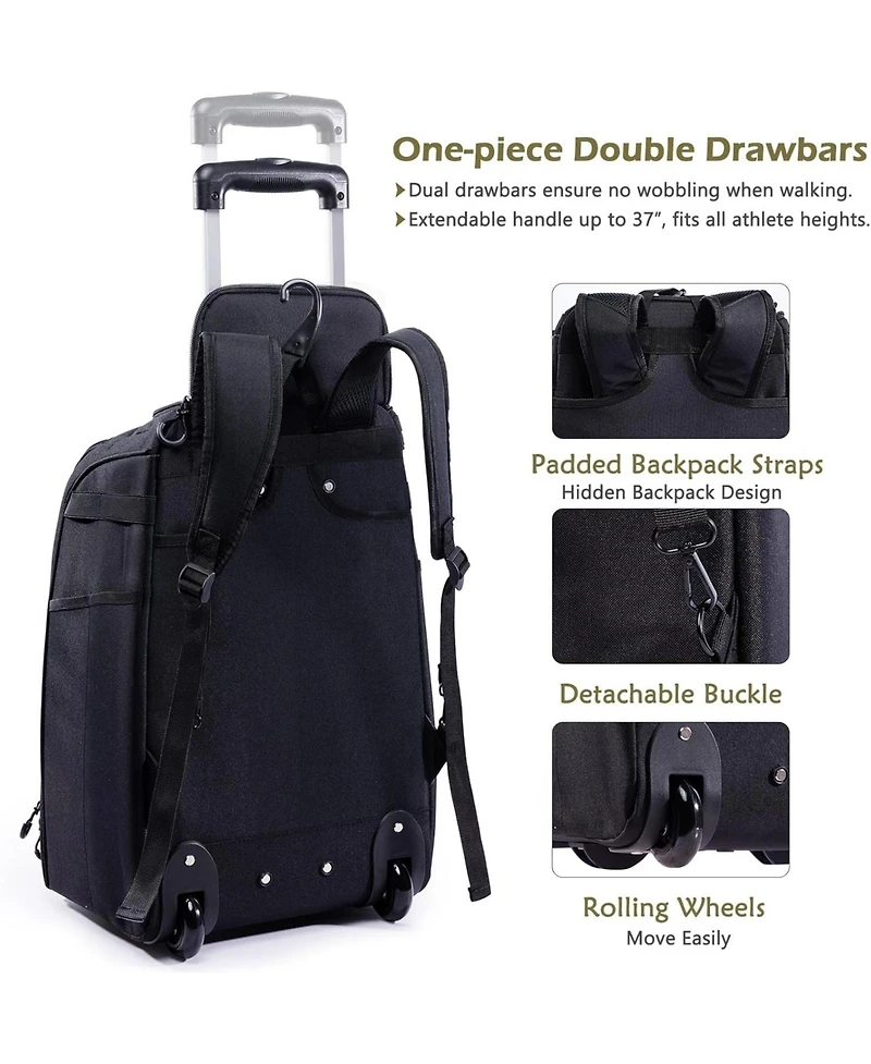 Furlihong Wheeled 60L Youth Baseball Bag - Holds 4 Bats, Rolling Equipment with Shoe Compartment and Fence Hook, for Boys Girls Age 8+