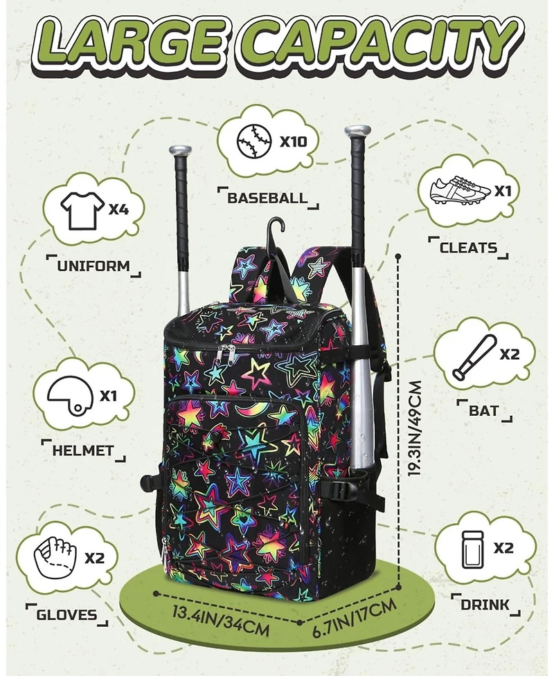 Furlihong Star Pattern Baseball Softball Gear Backpack for Boys and Girls Ages 8-14 - Youth Bat Bag with Ventilated Shoe Compartment for Players