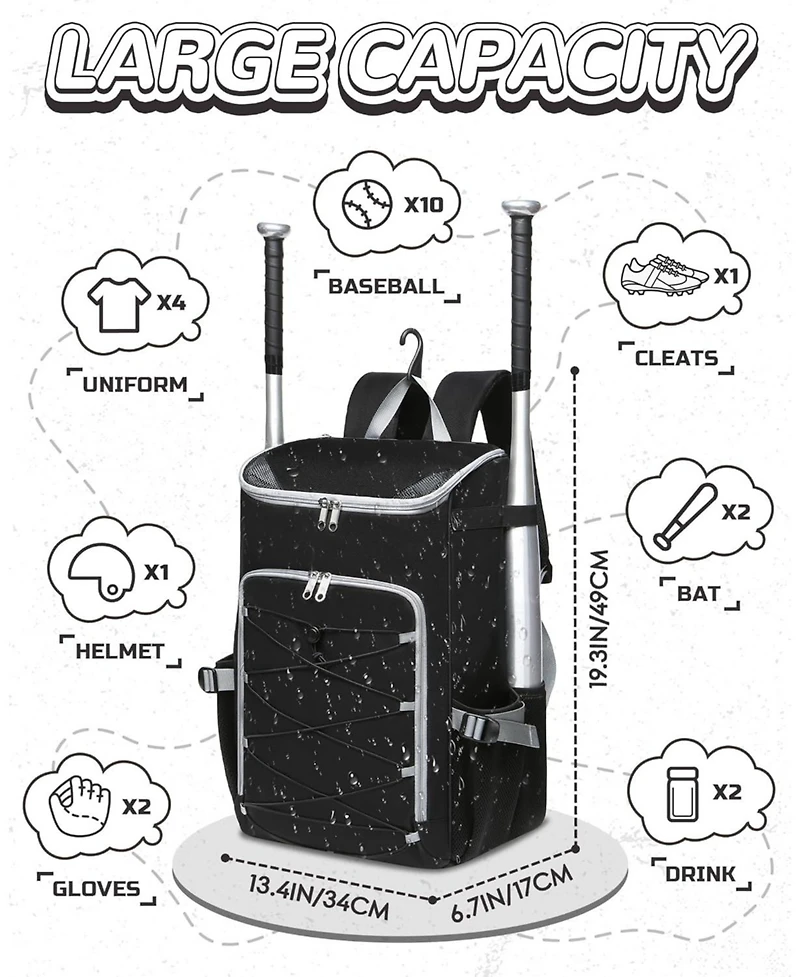 Furlihong Solid Pattern Baseball Softball Gear Backpack for Boys and Girls Ages 8-14 - Youth Bat Bag with Ventilated Shoe Compartment for Players
