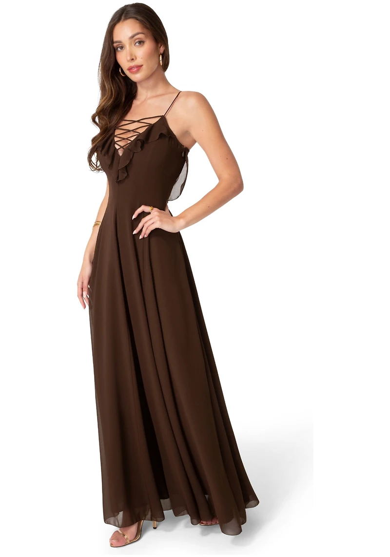 Bebe Women's Lace Up Ruffle Chiffon Maxi Dress